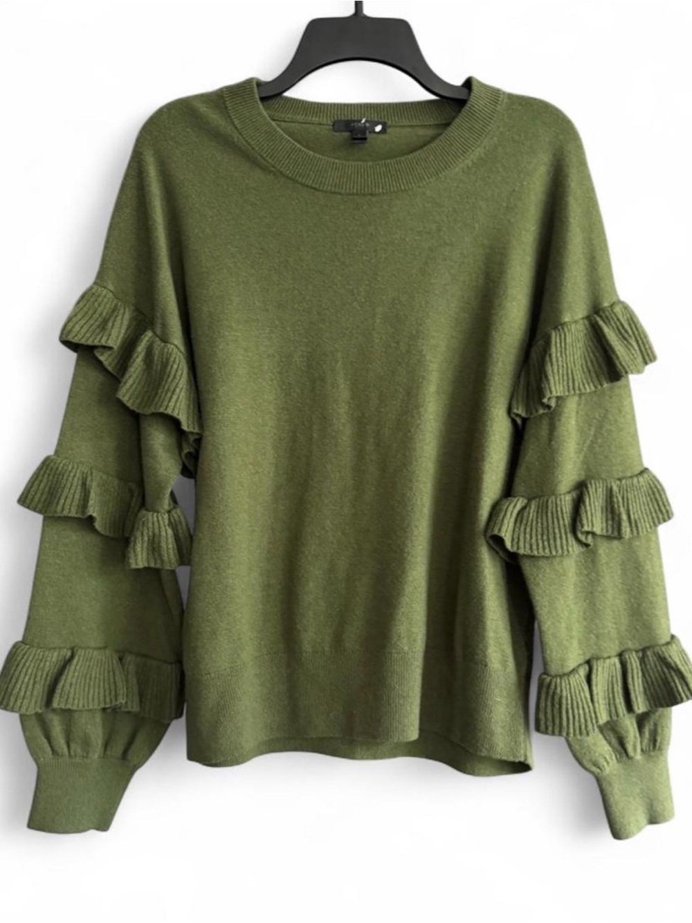 J.Crew Olive Green Ruffle Sleeve Wool Blend Sweater Large Balloon Sleeve Cozy